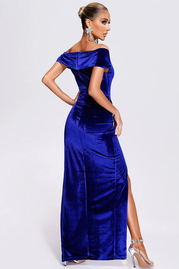 Off the Shoulder Royal Blue Velvet Holiday Party Klänning med slits